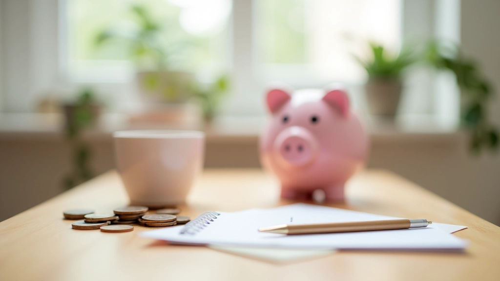 Pink piggy bank on wooden desk with coins and savings tracker